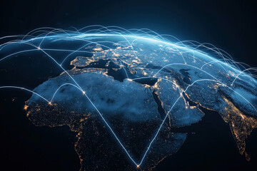 global map of Earth's planet connected by lines between continents and countries. Internet, global data exchange, communication. Globalization and international modern technologies