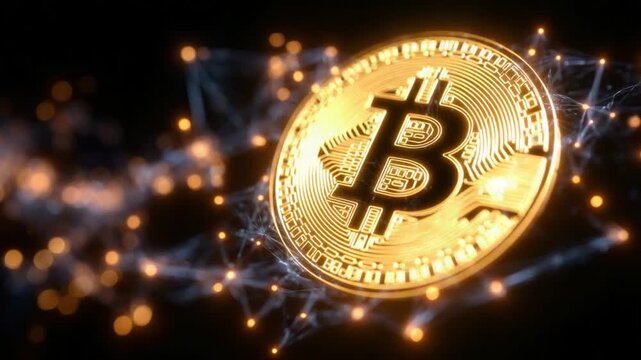 A radiant golden Bitcoin with a glowing orange aura, surrounded by energetic sparks and intricate smoke patterns, set against a backdrop of digital ledgers and cryptographic keys.