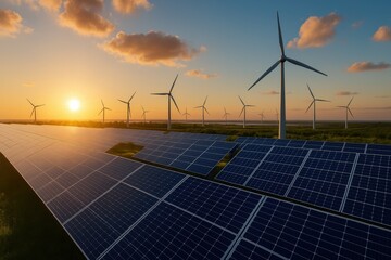 Sunset over Solar and Wind Farm renewable energy solar panels wind turbines