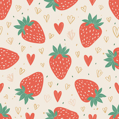 Seamless vector pattern with cute doodle strawberry. Cottagecore country background with berries and hearts. Vintage texture for wallpaper, wrapping paper, textile design