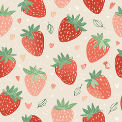 Seamless vector pattern with cute doodle strawberry. Cottagecore country background with berries and hearts. Vintage texture for wallpaper, wrapping paper, textile design