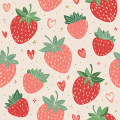Seamless vector pattern with cute doodle strawberry. Cottagecore country background with berries and hearts. Vintage texture for wallpaper, wrapping paper, textile design