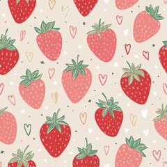 Seamless vector pattern with cute doodle strawberry. Cottagecore country background with berries and hearts. Vintage texture for wallpaper, wrapping paper, textile design