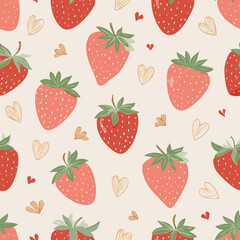 Seamless vector pattern with cute doodle strawberry. Cottagecore country background with berries and hearts. Vintage texture for wallpaper, wrapping paper, textile design