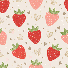 Seamless vector pattern with cute doodle strawberry. Cottagecore country background with berries and hearts. Vintage texture for wallpaper, wrapping paper, textile design