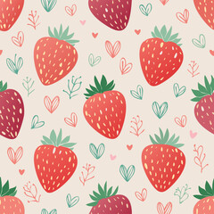 Seamless vector pattern with cute doodle strawberry. Cottagecore country background with berries and hearts. Vintage texture for wallpaper, wrapping paper, textile design