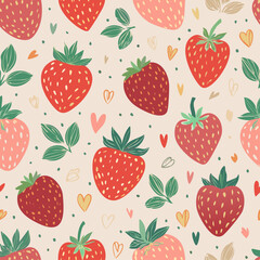 Seamless vector pattern with cute doodle strawberry. Cottagecore country background with berries and hearts. Vintage texture for wallpaper, wrapping paper, textile design