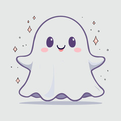 Cute cartoon ghost with big eyes and blush cheeks in kawaii style. Adorable Halloween character illustration with friendly expression, pastel colors, and playful vibe