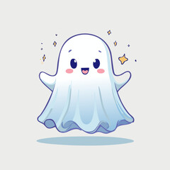 Cute cartoon ghost with big eyes and blush cheeks in kawaii style. Adorable Halloween character illustration with friendly expression, pastel colors, and playful vibe