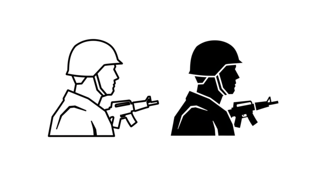 Illustration of a soldier with a rifle, in black and white. - Powered by Adobe