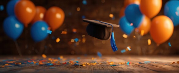 The graduation cap floating above vibrant balloons and colorful confetti.