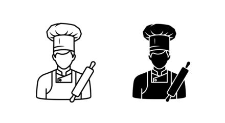 Chef with Rolling Pin Icon Set in Black and White.