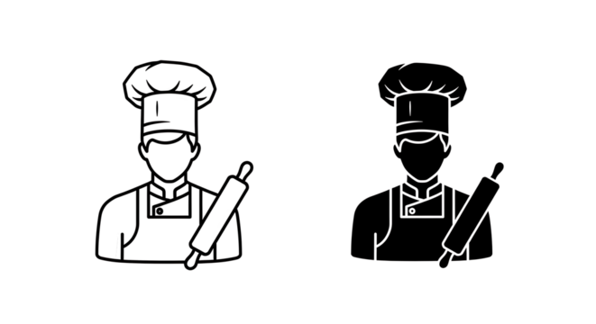 Chef with Rolling Pin Icon Set in Black and White. - Powered by Adobe
