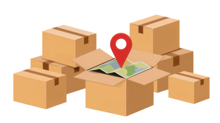 Securely shipping your valuable cargo to its precise destination with an open box, map, and location pin symbolizing logistics and delivery success