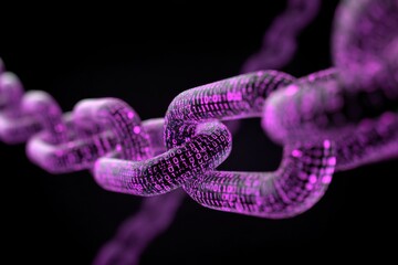 A close-up view of a chain link, seemingly composed of data streams.  Pink-hued, translucent links.  Binary code visible within the chain. Dark background.  3D rendered effect