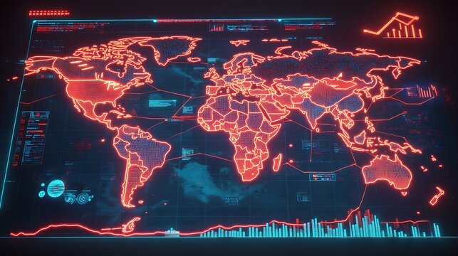 Digital global business technology concept: World map illustration with blue binary code network connecting continents