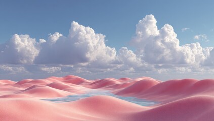 Pastel pink desert landscape under a light blue sky with fluffy white clouds.  A small body of cool, glassy water flows through the gentle dunes