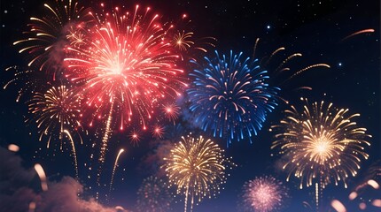 A breathtaking display of vibrant red, blue, and gold fireworks erupting in the dark night sky, celebrating a festive holiday event