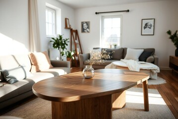 Minimalist wooden table in cozy living room, soft natural light, serene domestic still life