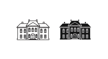 Illustration of a building in outline and solid black styles.