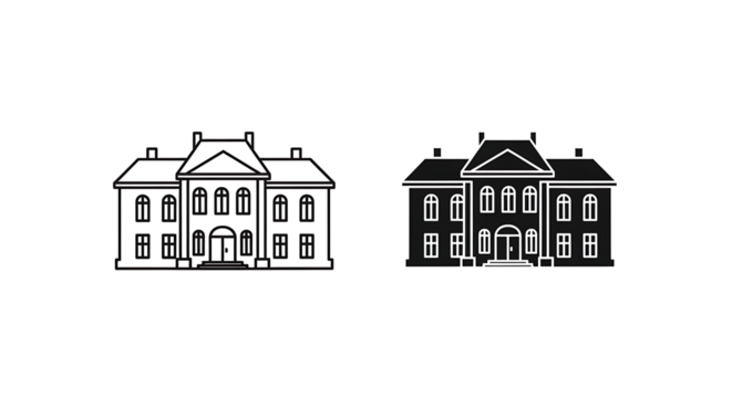 Illustration of a building in outline and solid black styles.