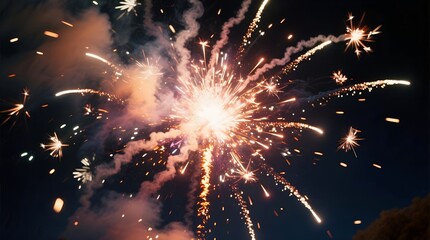 Fototapeta premium A brilliant firework explodes in a dazzling burst of golden light and sparks, illuminating the dark night sky during a celebration