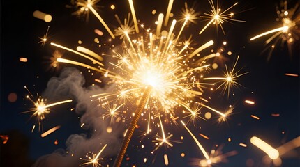 Obraz premium A single bright sparkler illuminates the darkness with a beautiful shower of golden sparks for a festive occasion