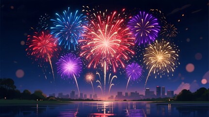 Obraz premium A spectacular display of vibrant multicolored fireworks lighting up the night sky above a cityscape reflected in tranquil water