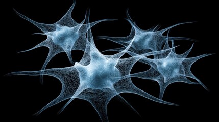 Abstract depiction of glowing blue neurons interconnected by strands against a black background for scientific visuals