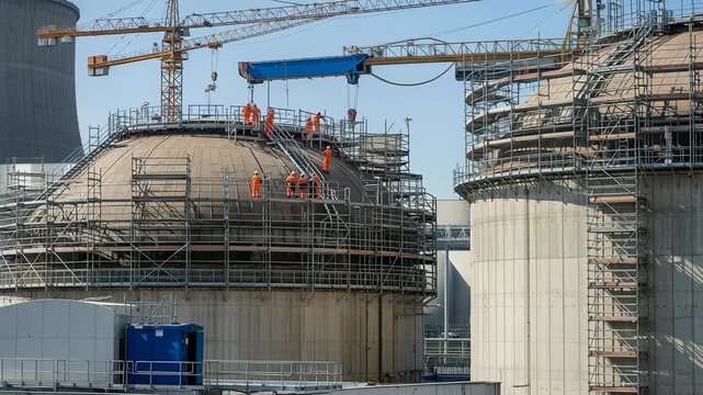 Nuclear plant workers inspect reactor containment dome at facility during safety checks