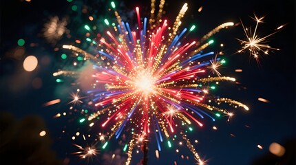 Fototapeta premium Radiant explosion of a colorful firework creating a stunning stellar pattern in the midnight sky during a festive holiday celebration