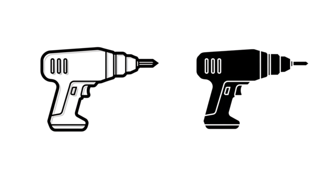 Illustration of a cordless drill in outline and solid black.