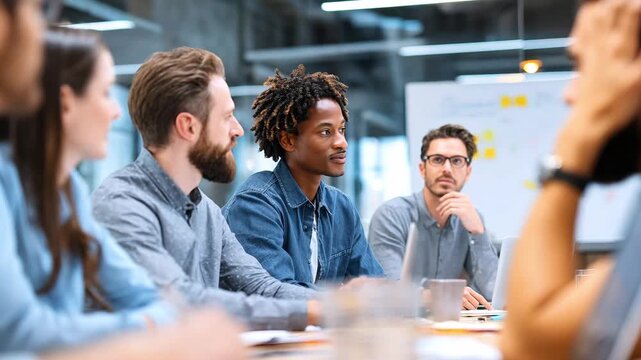 A group of business people at a meeting in a modern office actively discussing a new plan and a strategy for a week. Team work concept, talking