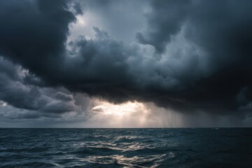 Obraz premium Dramatic storm clouds over a dark ocean. Sunlight breaks through heavy clouds, illuminating rain falling on the sea