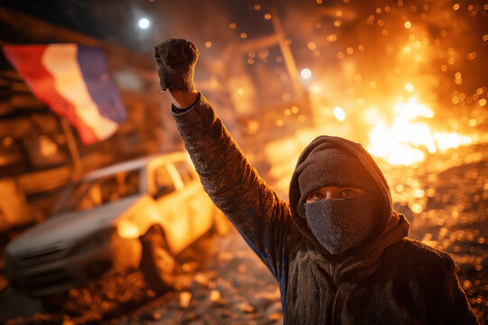 young masked demonstrator raises fist in front of burning cars during urban riot at night, with French flag