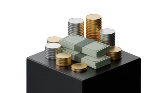 Stacks of gold coins and silver coins with bundles of cash beautifully arranged on a dark pedestal symbolizing wealth and financial success