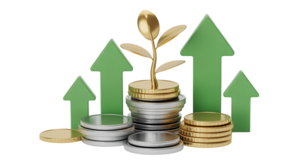 Vibrant green upward arrows symbolize financial growth and investment success surrounding stacks of gleaming gold and silver coins with a flourishing plant emerging from the top.