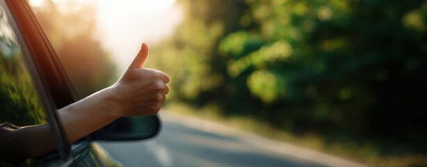 The hand giving a thumbs up out of a car window on a sunlit road
