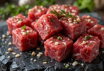 Freshly cubed raw beef with garlic and rosemary on a dark slate surface, showcasing premium quality for gourmet cooking.