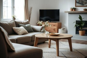 Minimalist wooden table in cozy living room, soft natural light, serene domestic still life