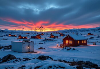 remote arctic village with wind turbines and insulated battery units, stable lights glowing, cinematic photorealistic wide shot showcasing electricity reliability and renewable energy storage vividly