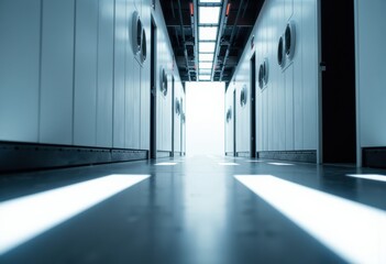 A modern data center corridor with sleek server racks and bright natural light at the end