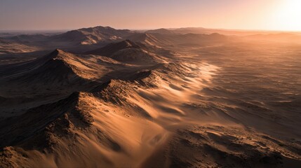 Aerial Perspectives: Panoramic Sunset Over Empty Desert Dunes with Expansive Copy Space