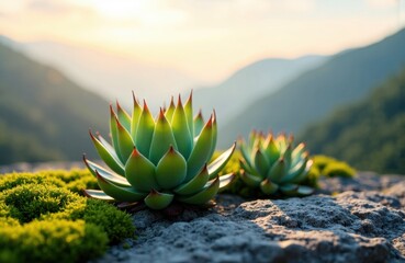 Succulent plants growing on rocky terrain with a scenic mountain landscape in the background