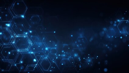 Obraz premium Abstract digital network backdrop. Hexagonal patterns of glowing light with subtle particle effects in a dark blue background