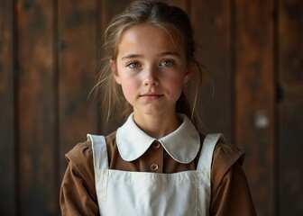 A 10-year-old schoolgirl from the USSR is dressed in a school uniform, carrying a briefcase.