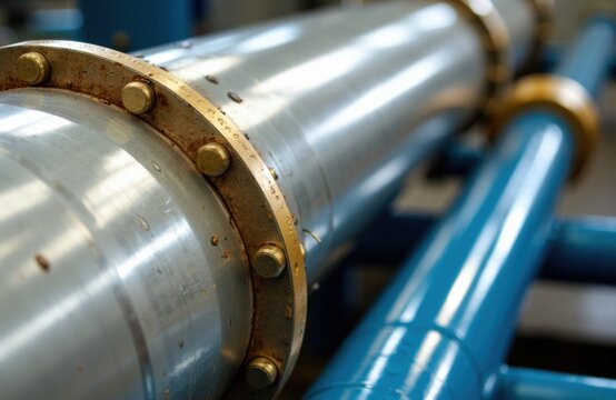 A large industrial metal pipe with blue support structures in a manufacturing or processing facility