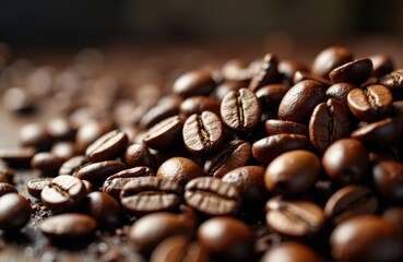 Rich roasted coffee beans scattered on a surface with warm, natural lighting