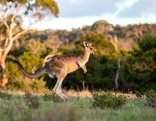 Kangaroo in motion against a sunset backdrop