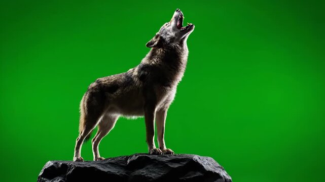 Majestic Wolf Howling on a Rock Against a Vibrant Green Screen.